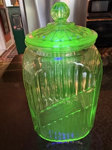 Uranium Glass Green Depression Glass 9” Canister