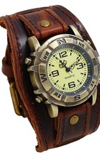 Wide Leather Cuff Watch Vintage Retro Quartz Punk Wristwatch