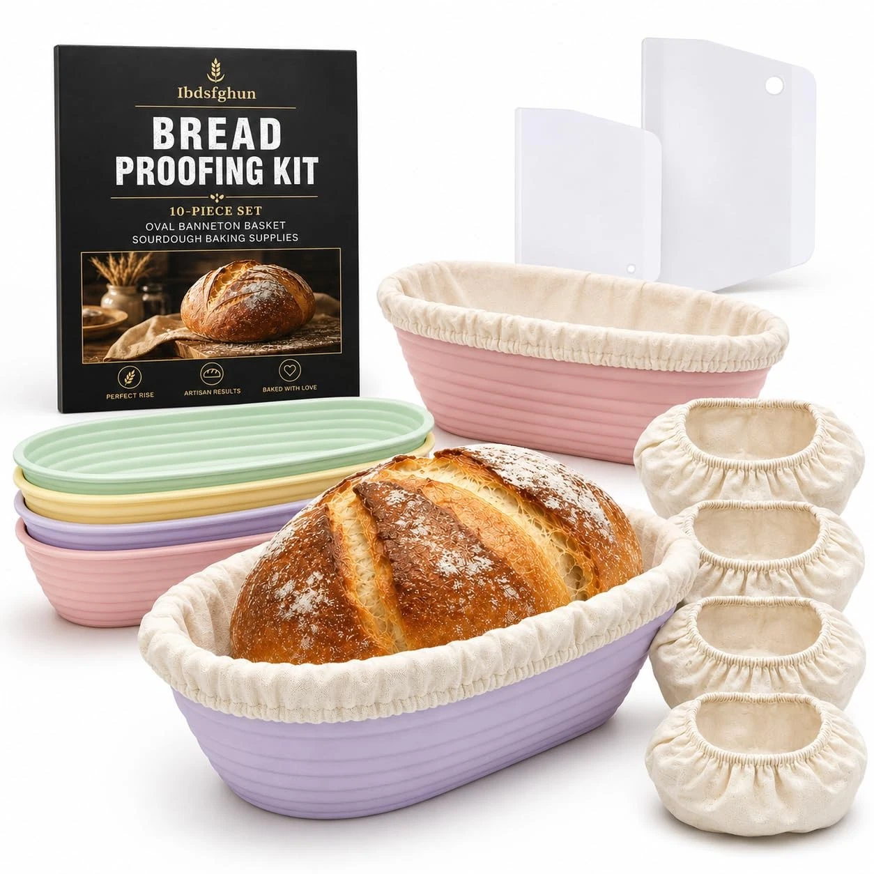 10-Piece Set Oval Banneton Bread Proofing Basket,10 Inch Natural Rattan Sourd...