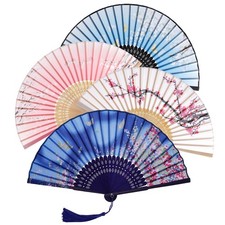 4 PCS Chinese Handheld Fans Silk Folding Fans with Bamboo Women Floral Foldin...