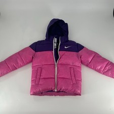 Nike Kids Pink Purple Colorblock Puffer Jacket Fleece Lined Hooded Size 6 5-6Y
