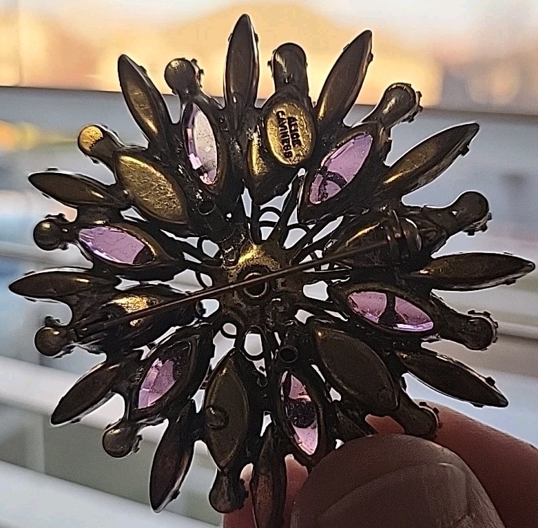 Vintage Signed Alice Caviness Purple Rhinestone & Art Glass Brooch 