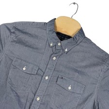 Tommy Hilfiger Mens L Custom Fit Short Sleeve Button Down Shirt Blue Gray