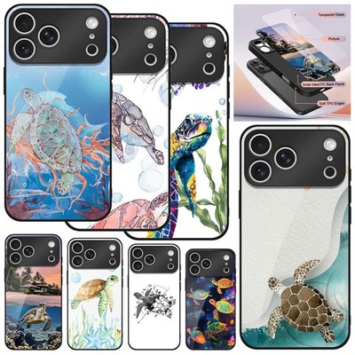 Turtle Printed Phone Case For iPhone 16 15 14 12 13 17 Air Glass Hard Skin Cover