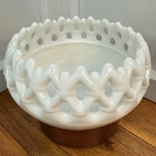 Westmoreland Glass Milk Glass Rose Bowl Pierced Lace Doric Edge VTG Scalloped