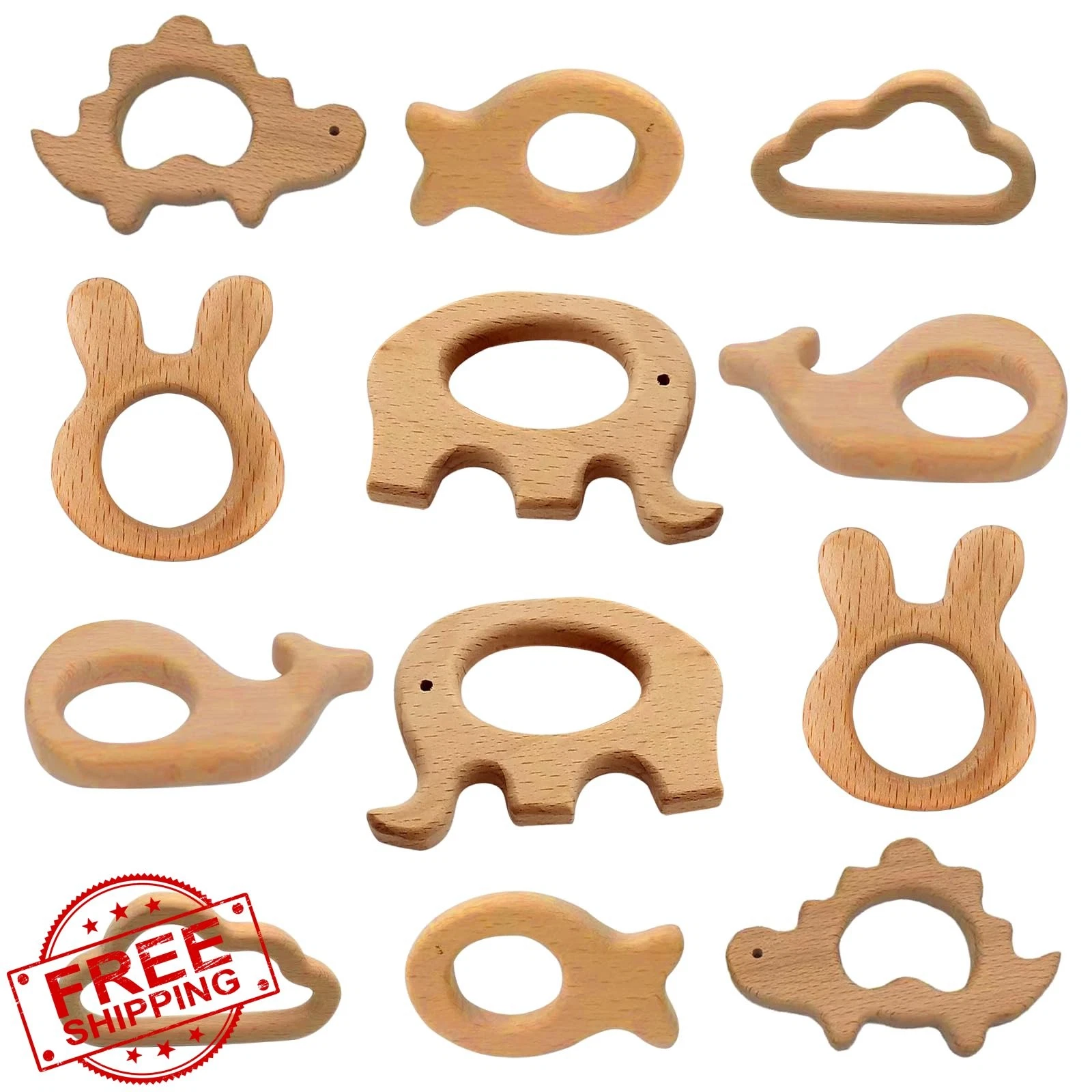 OSTTRPO 12-Pc Baby Wooden Teether Animals Brown