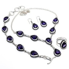 Ensemble collier, bracelet, bague, boucle d'oreille en argent 925 pierre...