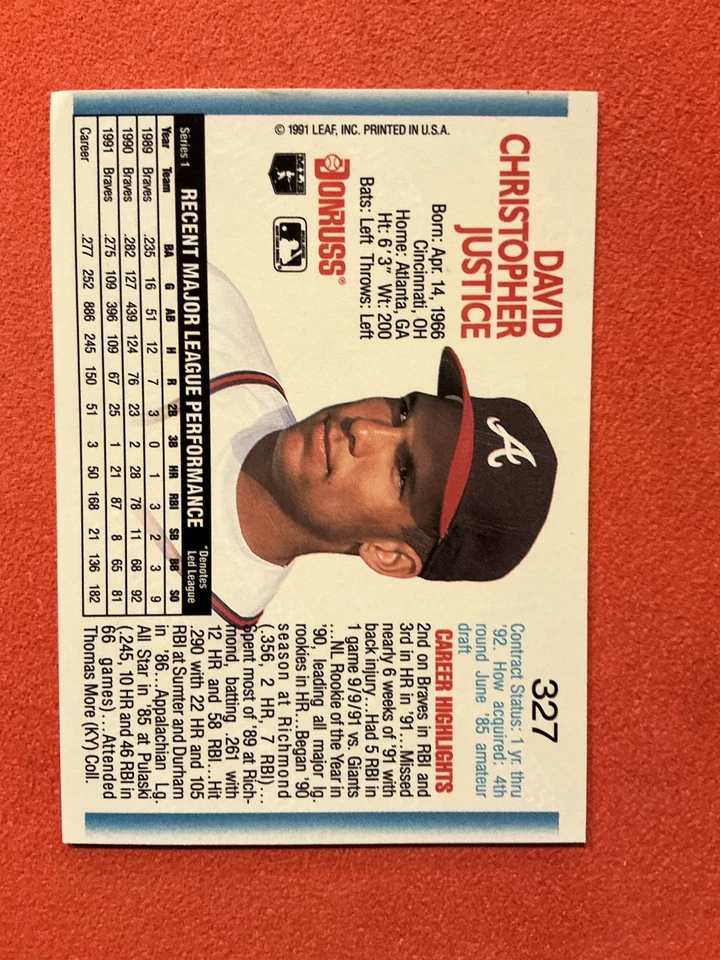 1992 Donruss David Justice #327🔥🔥🔥🔥🔥🔥 - Image 2 of 2