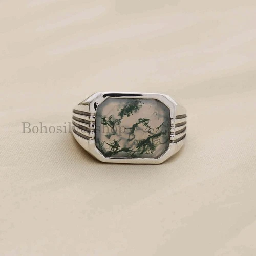 Natural Moss Agate Mens Rings 925 Silver Gemstone Handmade Signet Jewelry #520