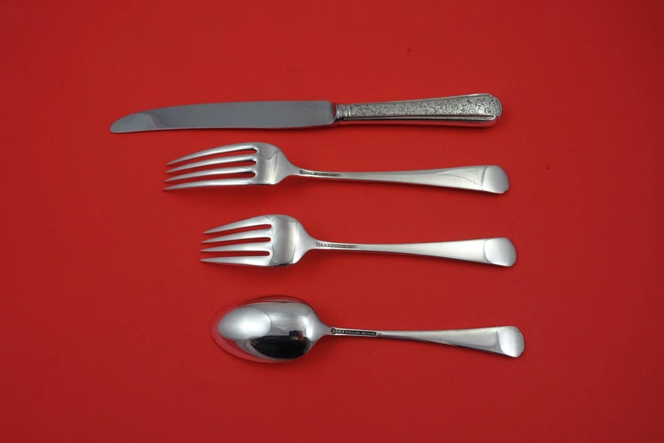 Antiguo brocado de toalla de plata de ley tamaño regular ajuste de lugar 4 piezas Foto 2 de 2