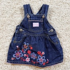 OshKosh Bgosh Vintage Blue Denim Floral Embroidered Overall Jumper Dress 3M