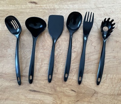 Melamine Kitchen Utensils Lot of 6 Spoons Fork Spatula Turner Flipper Black &