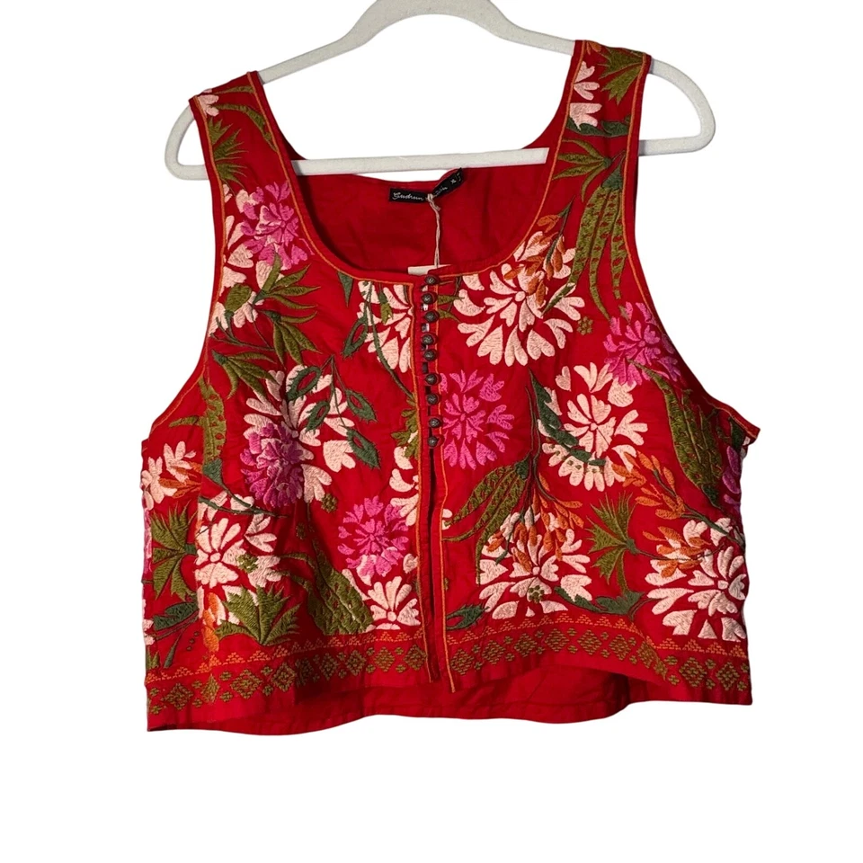 Colete Gudrun Sjoden vermelho bordado floral algodão novo com etiquetas - Imagem 2 de 4