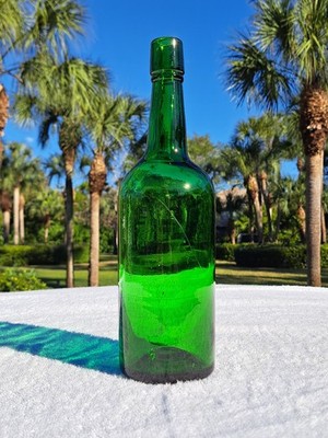 TUMBLED - 1890-1910'S BRIGHT ''7-UP GREEN'' WHISKEY BOTTLE!  11'' TALL!