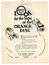 1921 Gulf Refining Ad: Sign of the Orange Disc - Supreme Auto Oil - Pittsburgh