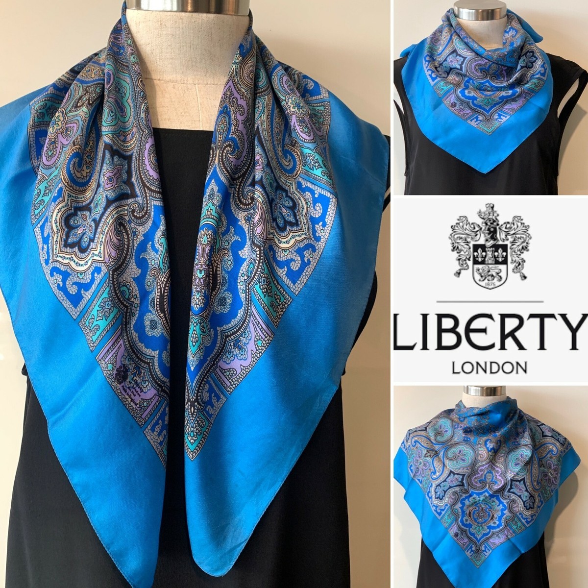 Liberty London Vintage Silk Twill Blue, Aqua, Lilac Paisley Scarf