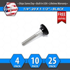 1/4"-20 x 1-1/2" Thumb Screw Stainless Steel - Black Round Knurled Knob - USA