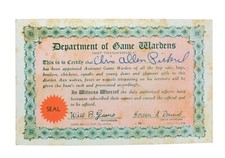 1941 Exhibit Supply Co Arcade Card Department of Game Wardens Joke Certificate