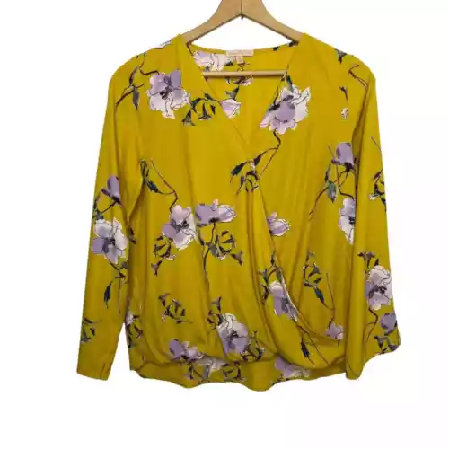 Gibson Latimer S Top V-Neck Long Sleeve Faux Wrap Blouse Mustard Lavender Pretty