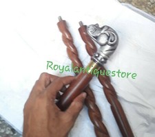 Antique Bulldog Head Handle Travel Walking Stick Wooden cane 3 Folding vintage