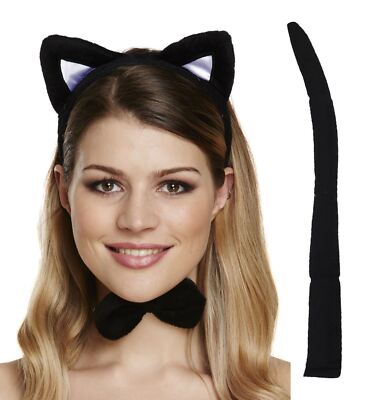 SCHWARZE KATZE KOSTÜM OHREN STIRNBAND FLIEGE SCHWANZ KATZE SET HALLOWEEN KATZE HENBRANDT