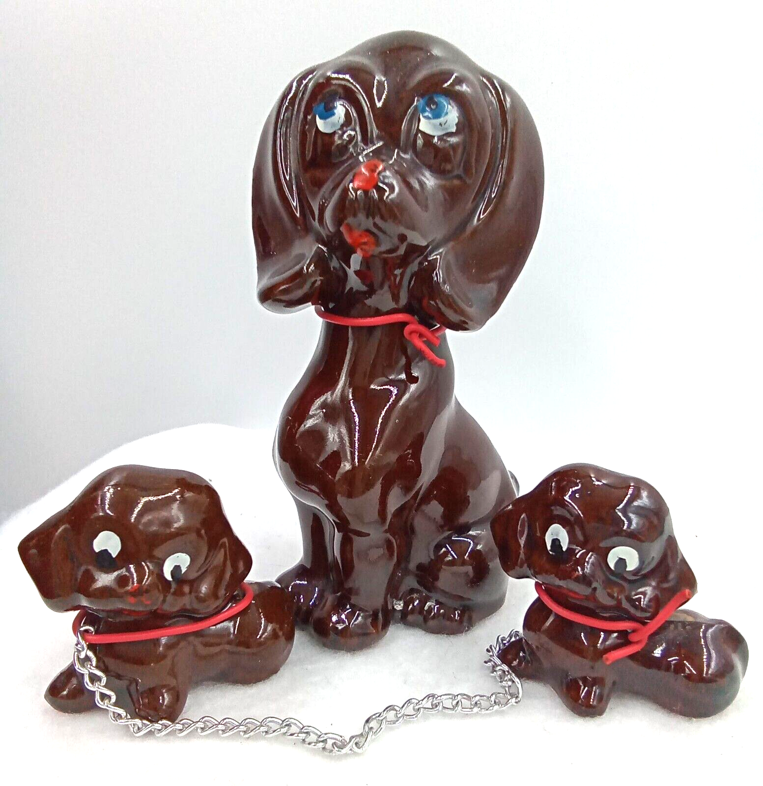 Dog Puppies Statute Figurines Red Clay Lusterware Collars MCM Vintage Japan