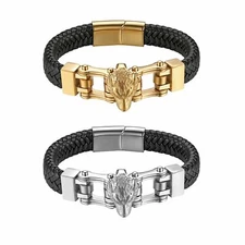 Stainless Steel Wolf Head Mens Bangle Bracelet - Braided Leather Magnetic Buckle