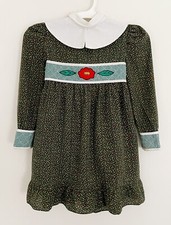 Vintage ALYSSA Girls Dress 3T Party Prairie Green Floral Long Sleeve Waist Tie