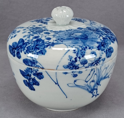 18th Century Japanese Arita Hand Painted Blue Floral Porcelain Bowl & Cover