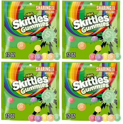 Skittles Sour Gummies Assorted Candy, Sharing Size, Resealable 12-Oz (Pack of 4)