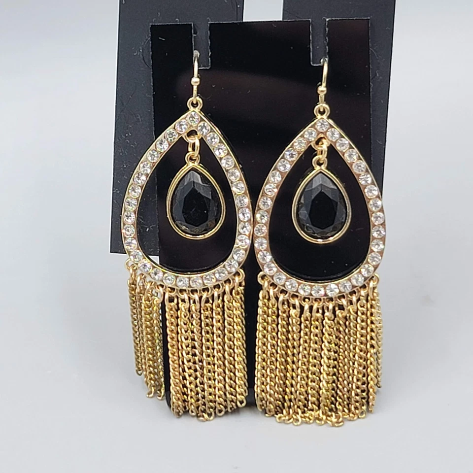 Pendientes perforados con flecos Thalia Sodi lágrima negra tono dorado colgantes nuevos con etiquetas 2,5" Foto 2 de 4