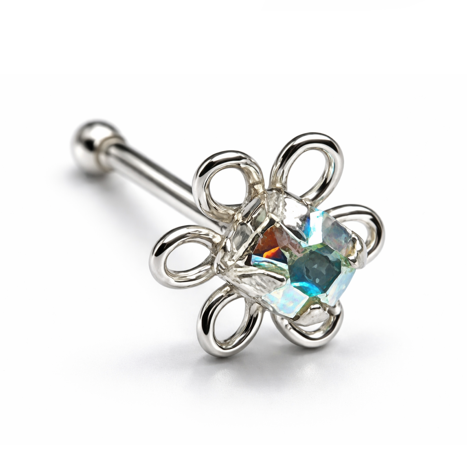 Flower Filigree Nose Stud AB CZ Stone Ball End Pin Body Piercing Nose Jewellery