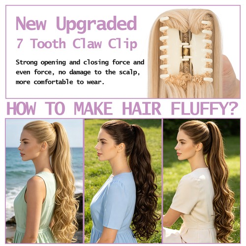Jaw/Claw Clip Ponytail Hair Extensions As Human Pony Tail Long Wavy Hairpiece US - Picture 7 of 15