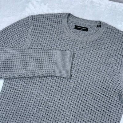 AllSaints Waffle Knit Sweater Mens Large Grey Crew Neck Long Sleeve Pullover