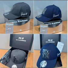 AESPA KARINA OFFICIAL MLB EXCLUSIVE STRUCTURED BALL LA GREY BLUE CAP + PHOTOCARD