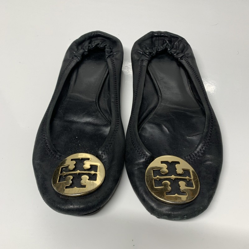 Tory Burch Minnie (FAIR CONDITION) Black/Gold Leather Ballet Flats Sz 8.5 39