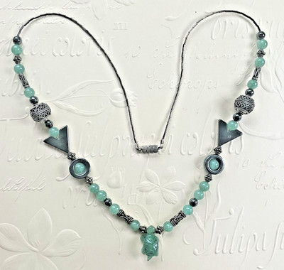 Carved Green Stone Turtle Necklace   Jade Style Beads, Hematite Accents, 22in