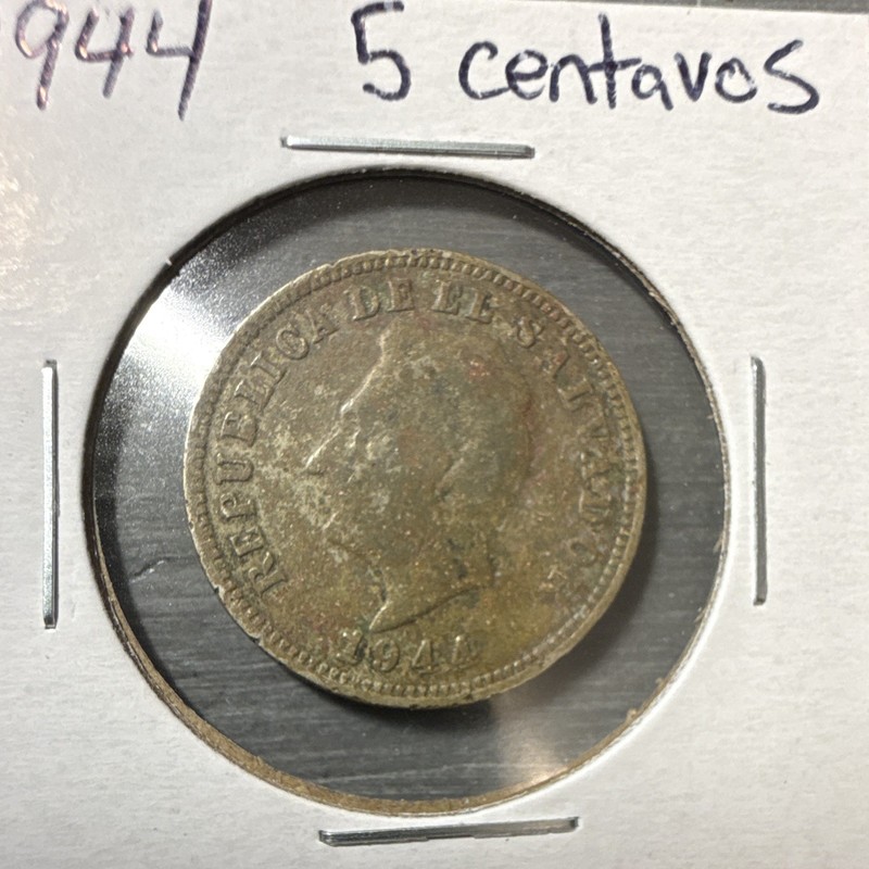 1944 El Salvador 5 Centavos Nickel-Silver Coin Small Date KM#134