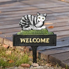 Sungmor Cast Iron Garden Stake Flower Pots Welcome Sign Decor Vintage Cat Statue