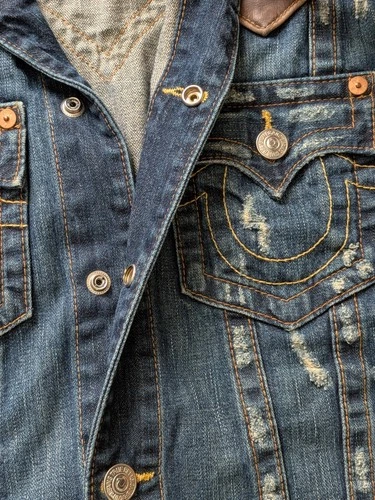 True Religion Jimmy Western Denim Jacket Men Large Genuine Leather Collar & Yoke image 3