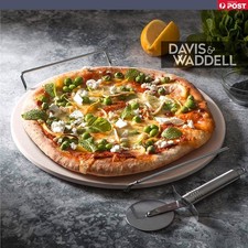 Davis & Waddell Round Pizza Stone 3pce Set w/ Stainless Steel Rack & Cutter