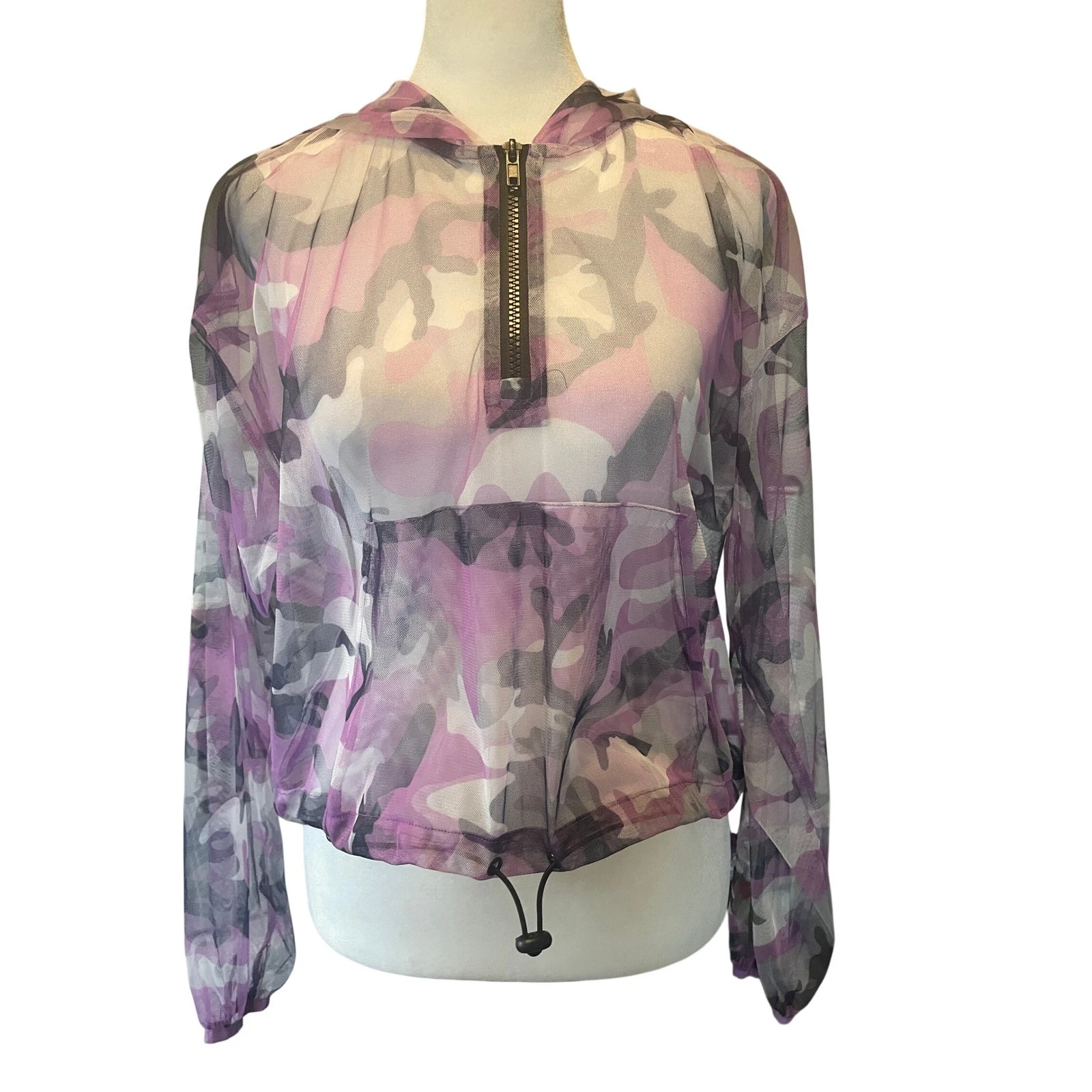 Womens Y2K Edgy Purple Camo Sheer Mesh Pullover Hoodie Small Festival Streetwear