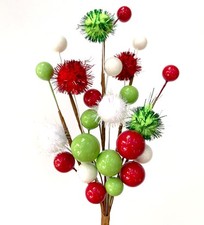 CLASSIC CHRISTMAS PICK - Tree Wreath Grinch Pom Pom Ball Spray Stem Red Green