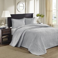 Reversible King Bedspread Set Grey Cotton 3 Piece Quilted Bedding Oversized