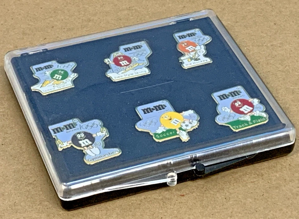 Vintage 1992 M&M's Olympic Games 6pc Collectible Pin Set in Acrylic Display Case - Image 2 of 4