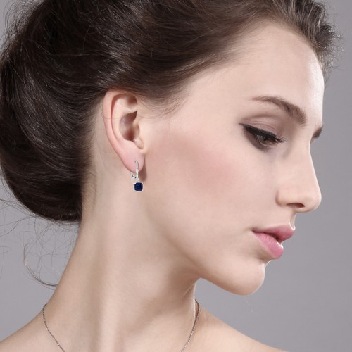 925 Sterling Silver Created Sapphire Dangle Earrings For Women (2.00 Cttw, - Picture 2 of 4