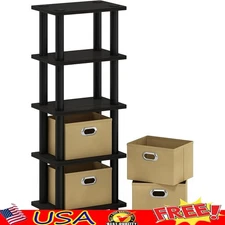 Slim 4-Tier Bookshelf Storage Unit W/ Non-Woven Fabric Bins Home Office New
