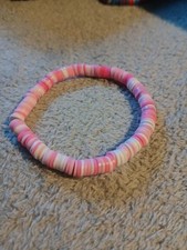 Polymer Clay Heishi Bead Bracelet - Color - Pink s . Size S. Glow In Dark "Love"
