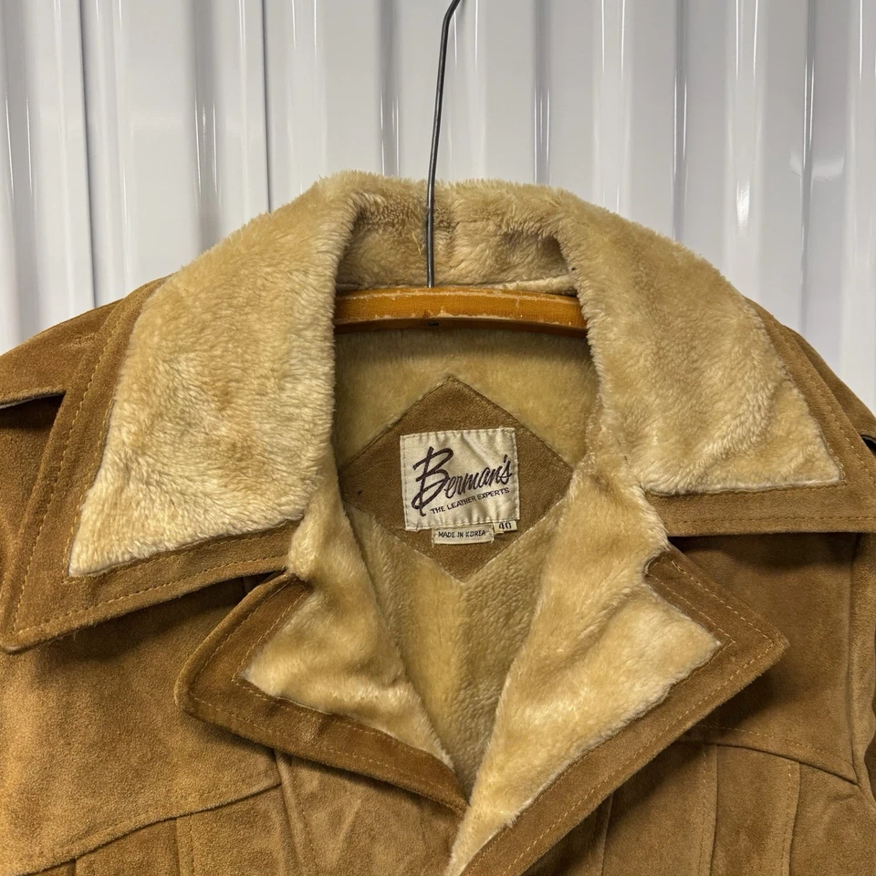 Vintage Berman’s Suede Leather Faux Fur Sherpa Lined Jacket Bomber Men's Sz 40 - Image 4 of 4