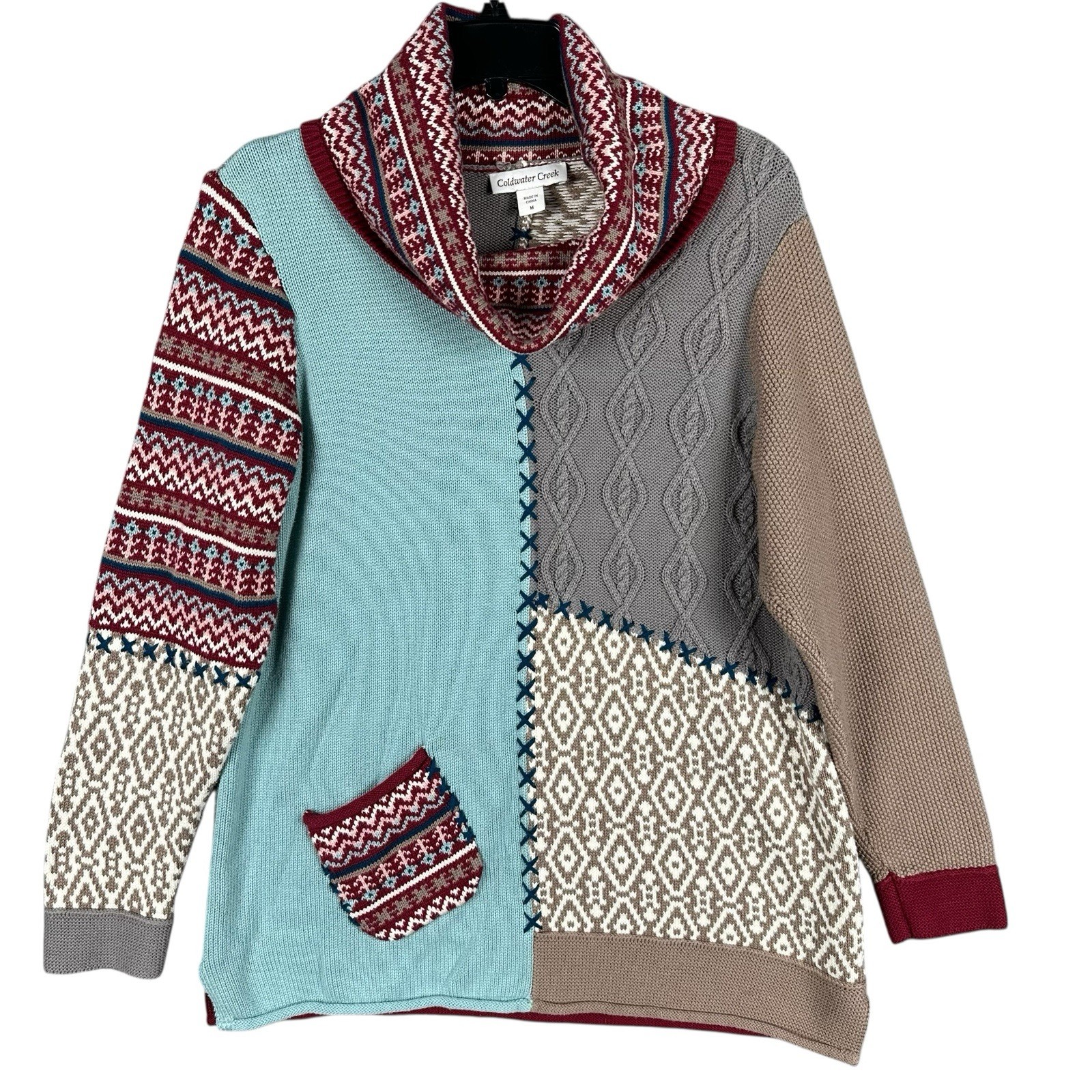 Coldwater Creek M Patchwork Knit Pullover Cowl Ne… - image 1